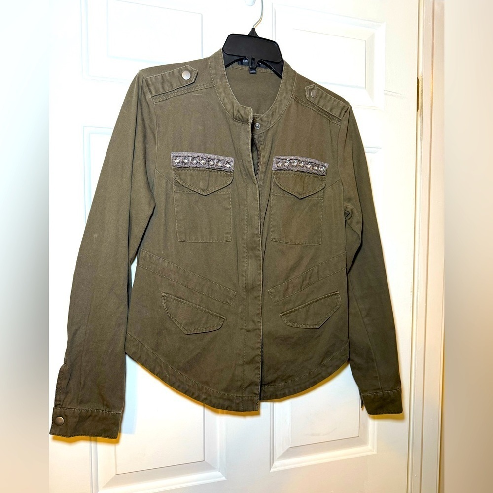 Romeo & Juliet Couture Khaki Military Lightweight Jacket Beaded Full Zip Medium